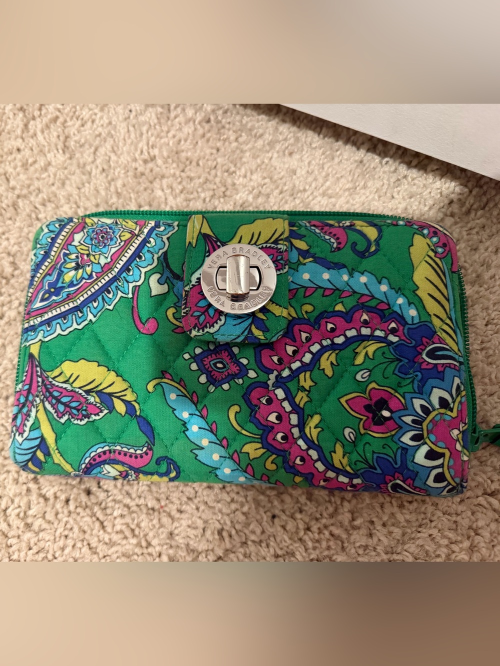 Vera Bradley Green Paisley Quilted Wallet with Turn-Lock